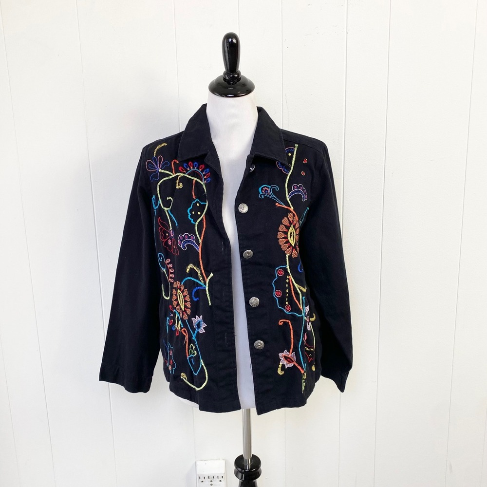 White Stag Black Floral Embroidered Denim Button Front Jacket Size Small